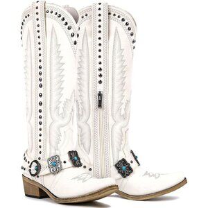 Women's White Knee High Western Cowgirl Boots with Embroidery Belt Buckle